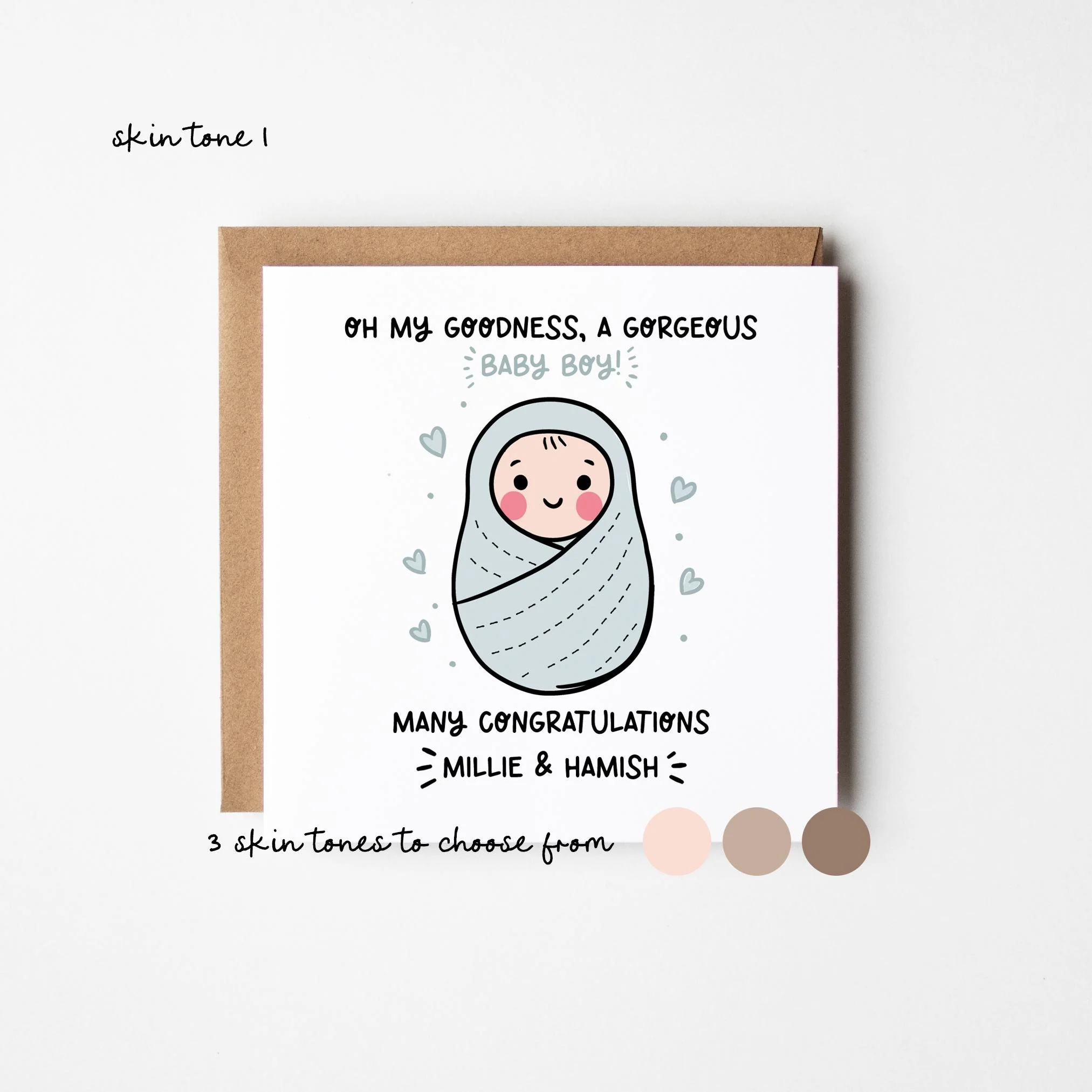 New Baby Boy Card 3 Skin Tones ? Personalised New Baby Card ? Congratulations New Baby Boy Card ? Boy's Birth ? Baby Reveal