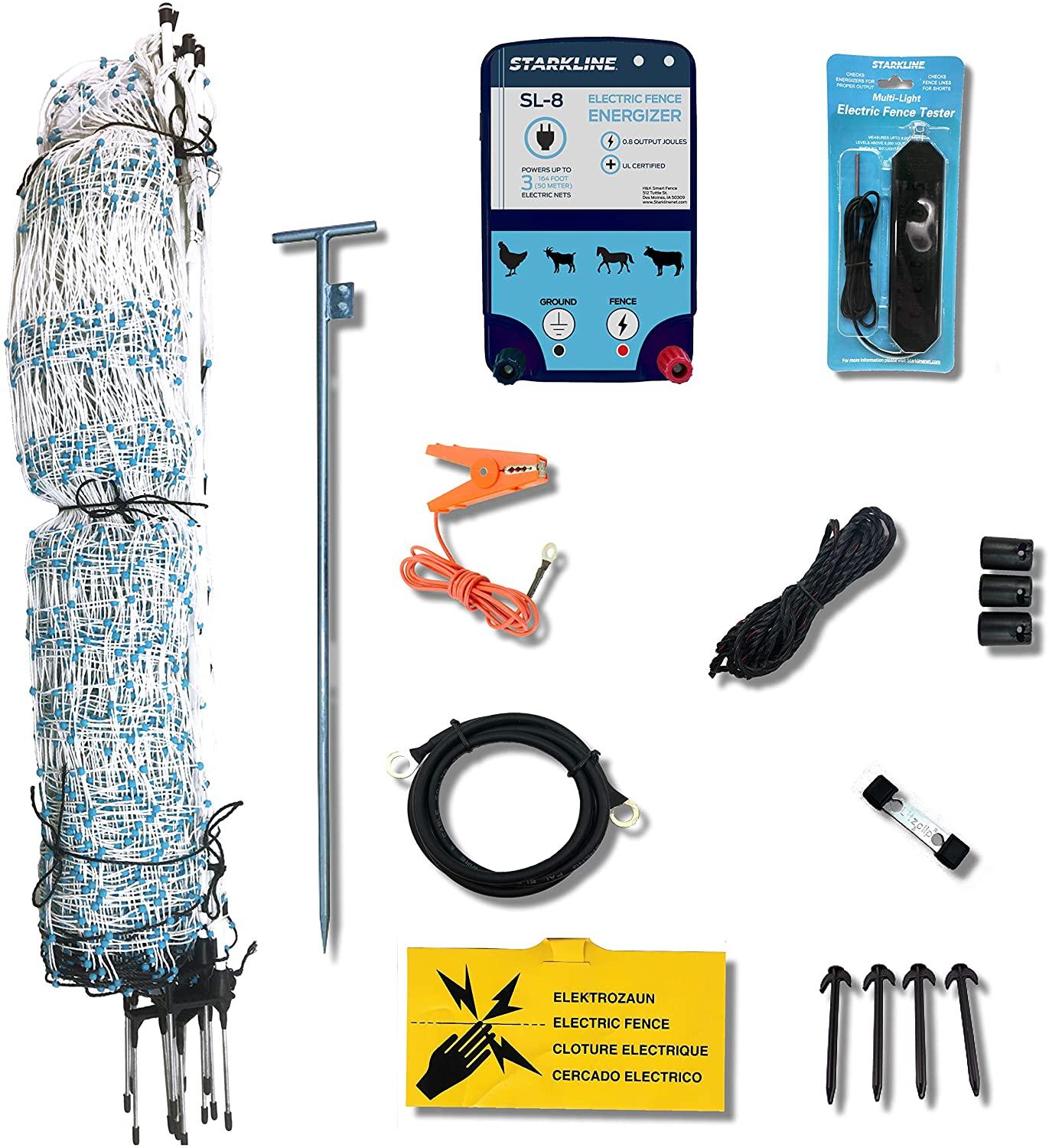 Starkline Electric Poultry Netting Kit �C AC Energizer (48��� x164�� White/Blue Poultry Netting) (12/48/3) All in One Electric Fence Kit for Backyards, Homesteads, Ranches or Farms