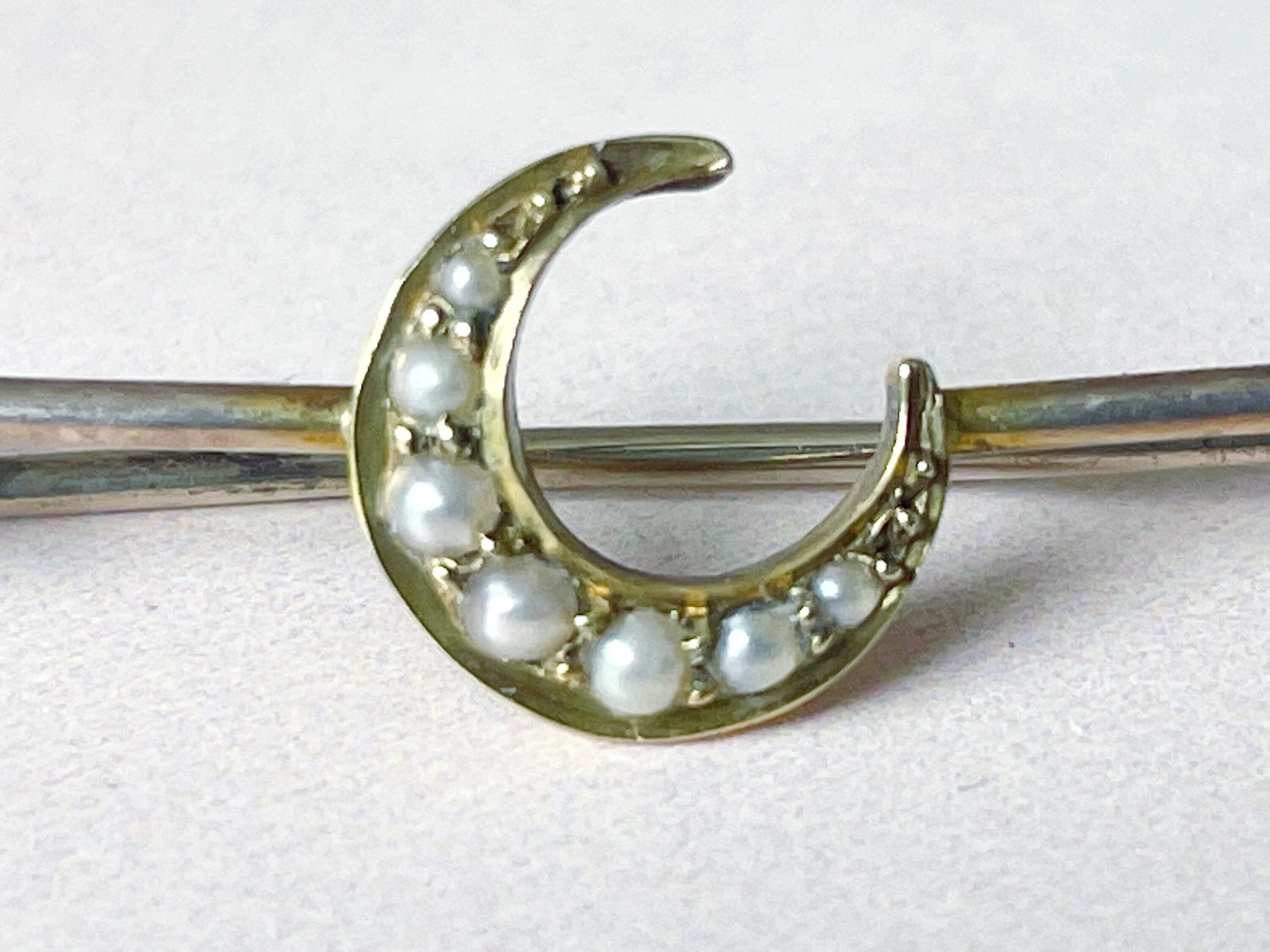 Victorian Antique 14k Gold Pearl Crescent Moon Bar Pin Brooch