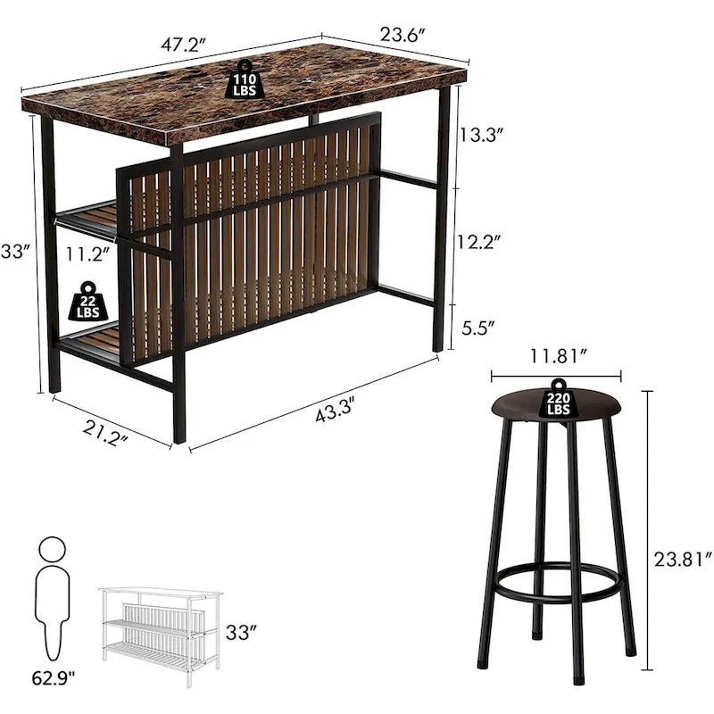 Kitchen Island with 2 Stools and Open Shelves