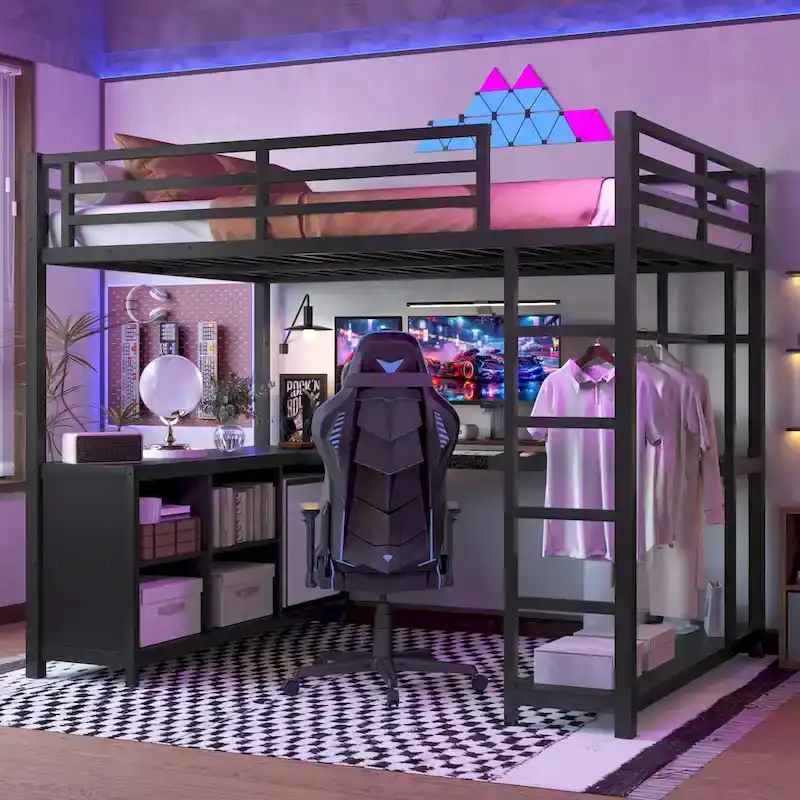 Metal Loft Bed with Wardrobe & L-Shaped Desk - Queen/Full Size Space-Saving Bed with Storage Cubes & Shelves for Teens/Adults