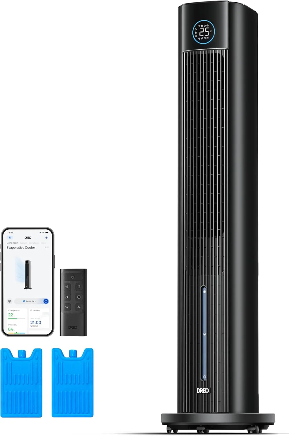 DREO toronyventilátor vízhűtéssel, 110 cm-es léghűtő vízhűtéssel, csendes, 4 sebességes, 4 üzemmódú párologtató hűtő, APP vezérlés, jégakkuk, 80°-os oszcilláció, 12 órás időzítő, fekete