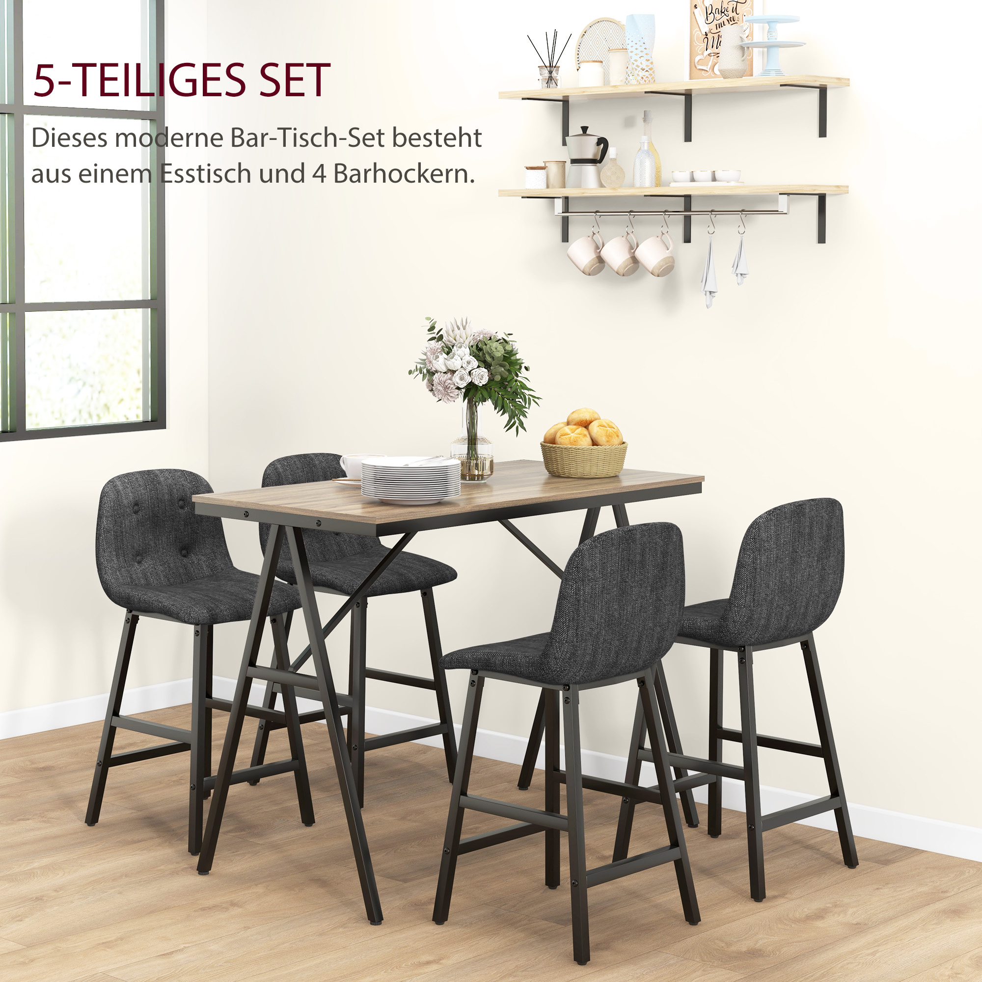 HOMCOM 5-delige Bargarnituur, Tafel en 4 Stoelen, Knoopafwerking, Dikke Bekleding, Linnenlook, Donkergrijs