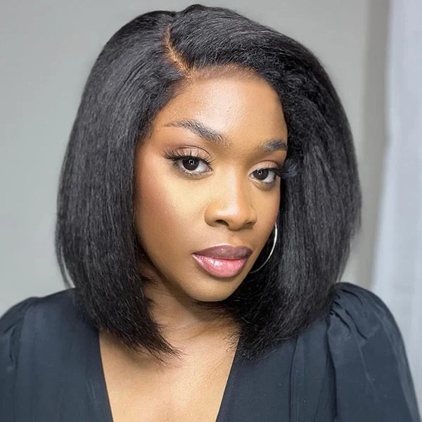 Kinky Edge Hairline Short Bob Kinky Straight 13x4 HD Lace Front Wig with Kinky Edges Baby Hair Wigs