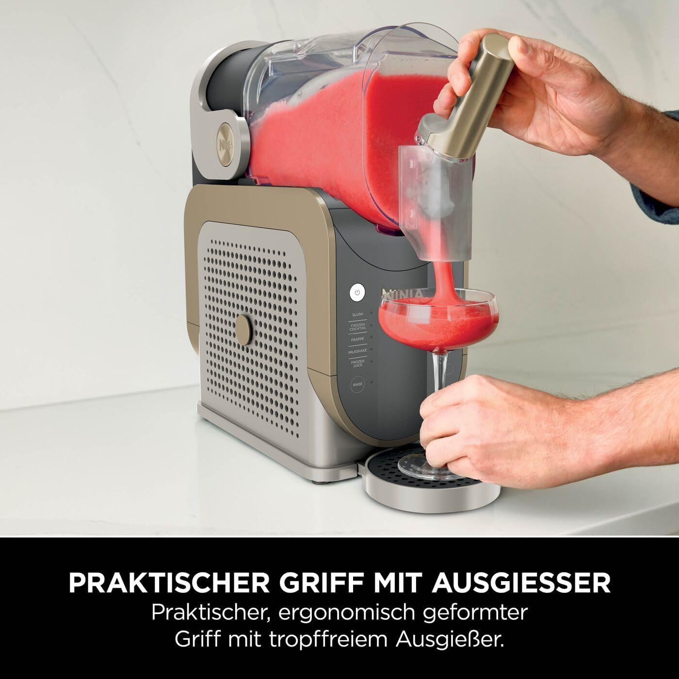 Ninja SLUSHi Maschine für Slush, Eis-Cocktails, Frappé, Milchshakes & gefrorenen Saft, ohne Eis oder Vorbereitungsaufwand, WhisperChill-Technology, fasst 1,9 L, Stone Gold, FS301EUSTGD
