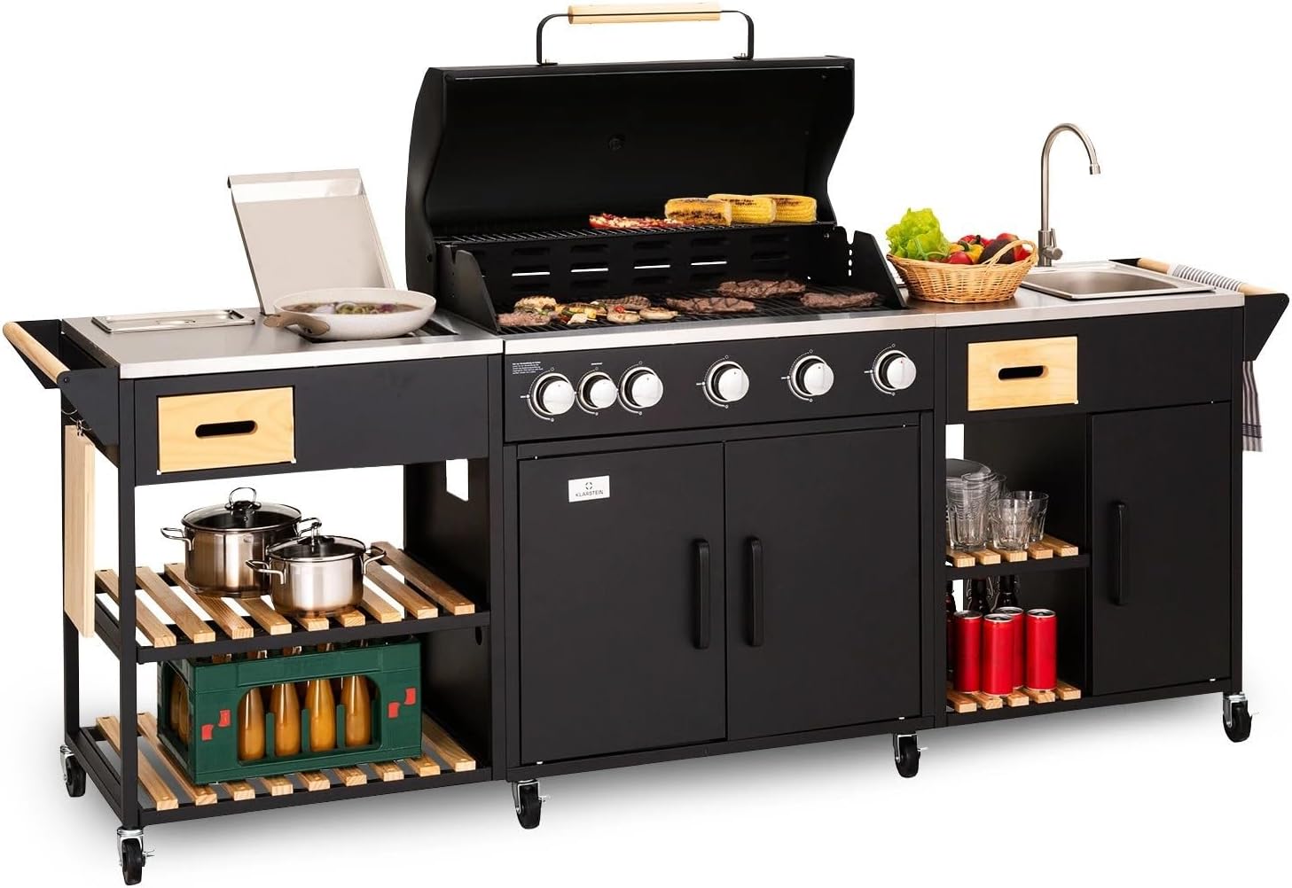Griglia per barbecue a gas con 5 + 1 bruciatori di alta qualità, con lavello e tavoli da lavoro, 20,7 kW, stazione da cucina per esterni, per raduni, feste in giardino e catering, grande capacità di