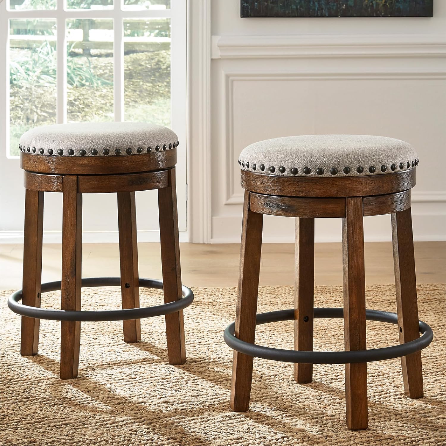 Signature Design by Ashley Valebeck Upholstered Swivel Stool, Cushioned Seat, Woven Fabric Upholstery, Wood, 24