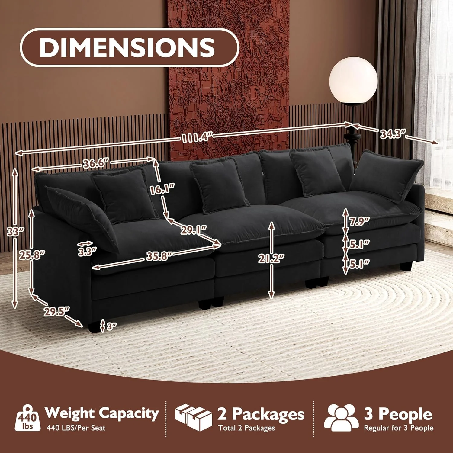 111.4 Inch L-Shaped Modern Sofa Modular Cloud Sofa Ottoman 4-Seater Chenille Deep Seat Sofa