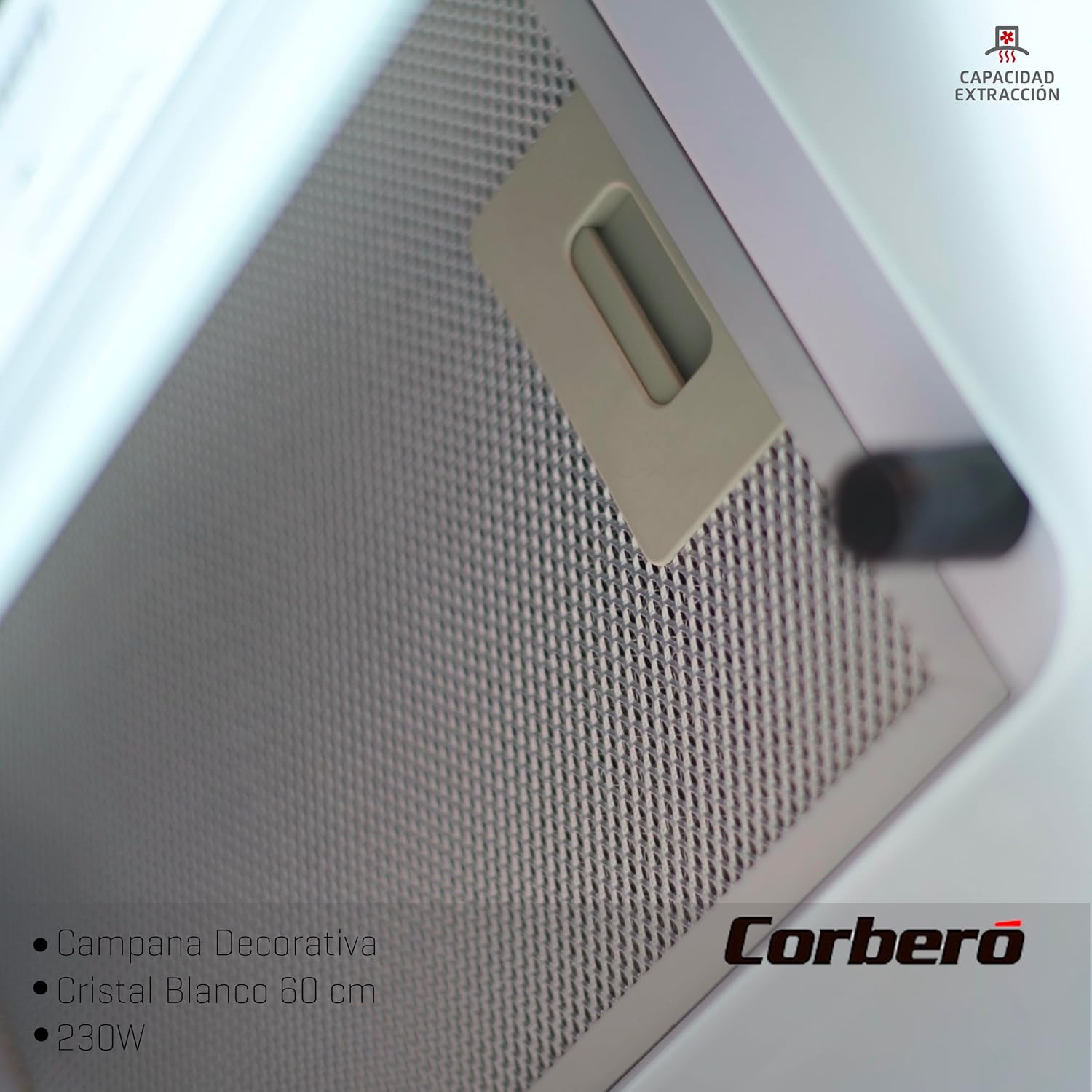 Corbero - Campana Extractora 60 cm | ONEGA675W | 705.2 m3/h | 66db| 230W | 4 Velocidades | Control Tactil| Vidrio Templado | 1 Filtro Aluminio + 1 Filtro Carbón | Blanco