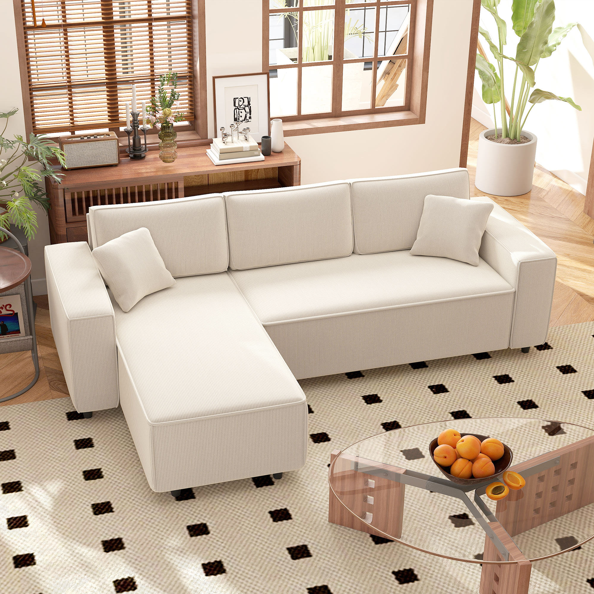 HOMCOM 3-Zitsbank met Chaise Longue, Woonkamerbank met Corduroy Bekleding, 2 Extra Kussens, Gestoffeerde Bank, Crèmewit