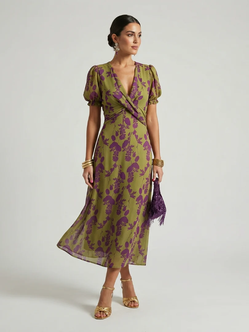Womena??s Floral Midi Dress Relaxed Fit with Wrap V Neckline
