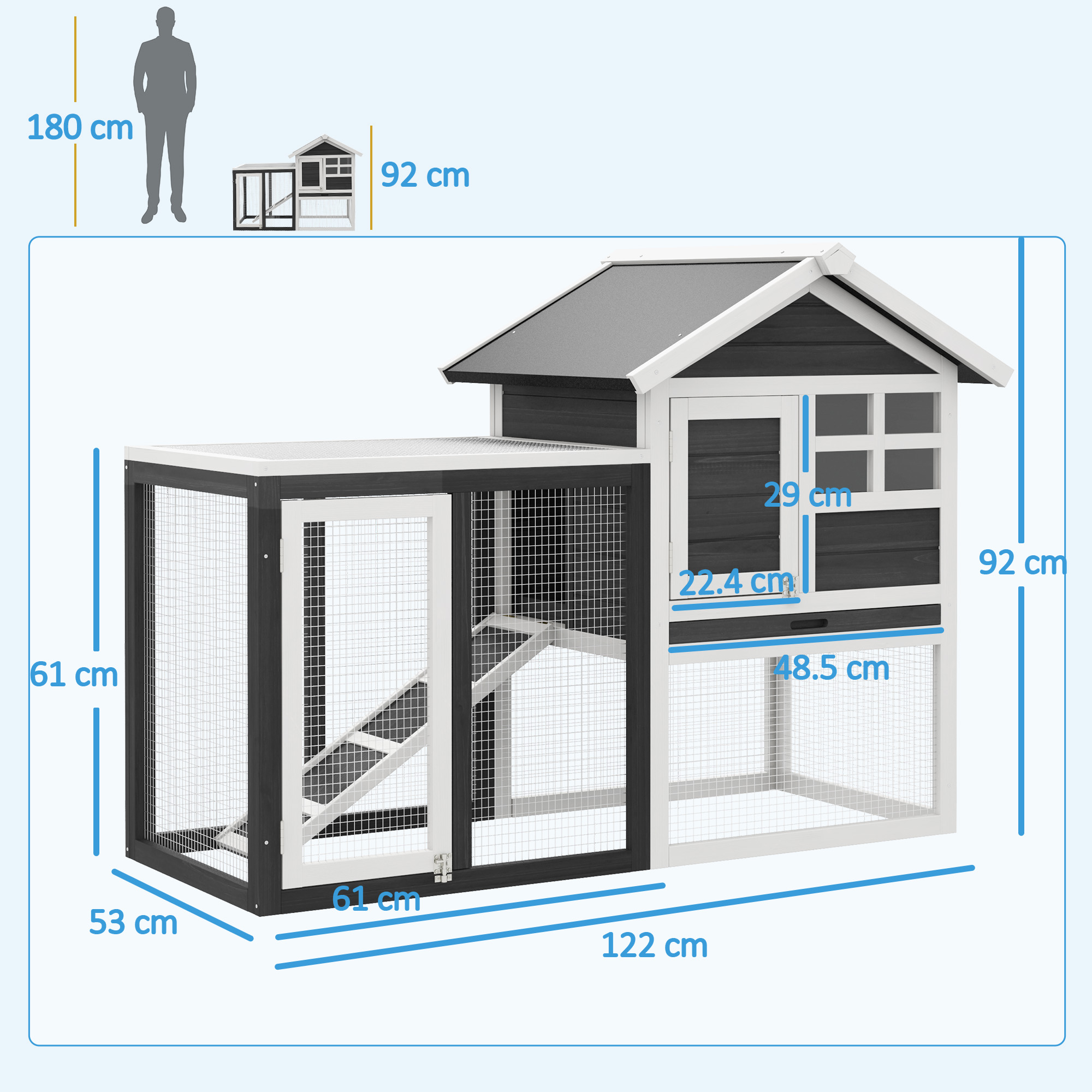 PawHut konijnenhok grijs+zwart+wit 122 x 62,6 x 92 cm