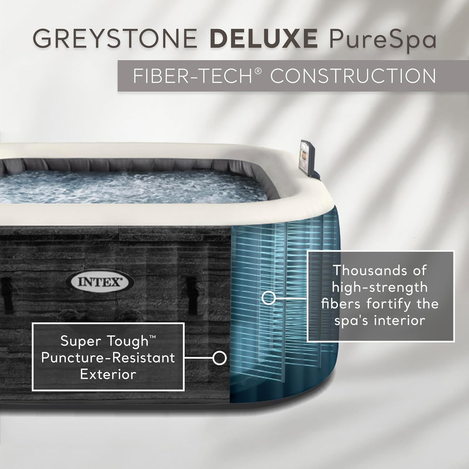INTEX 28451EP PureSpa Greystone Deluxe Spa Set: Includes Energy Efficient Spa Cover and Wireless Control Panel – Spa Control App – Built-In FastFill Inflation System – 6 Person Capacity – 77