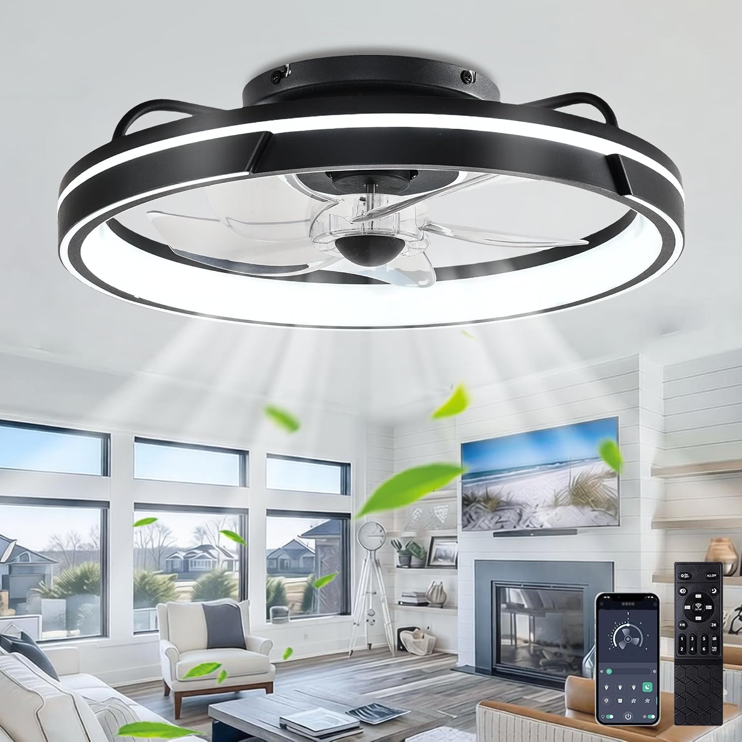 Leise Deckenventilator mit Beleuchtung, Dimmbar 64W LED Deckenleuchte mit Ventilator, Fernbedienung und APP, Timer, 6-Gang, 50cm Moderne Lampe mit Ventilator für Wohnzimmer Schlafzimmer Schwarz