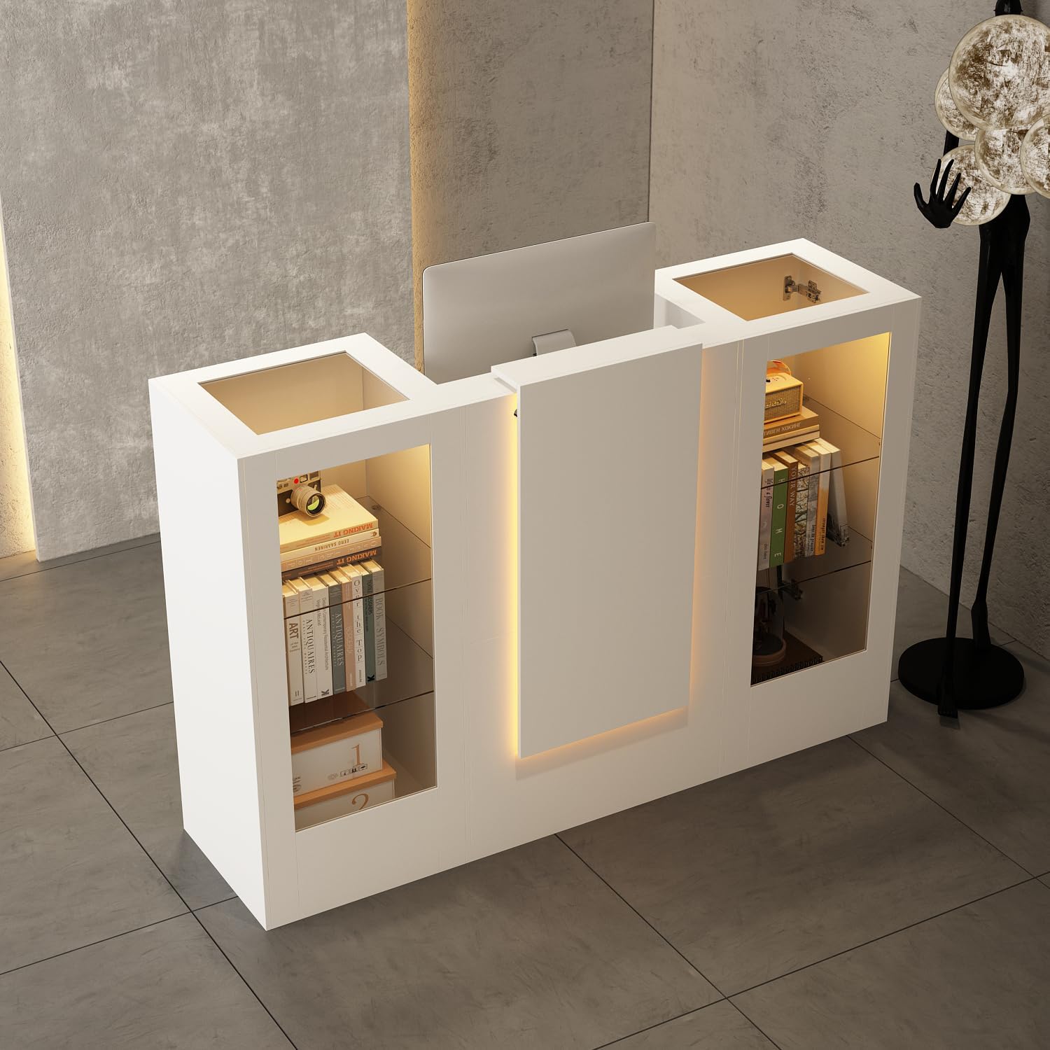 Caldion Empfangstheke mit LED-Beleuchtung,Empfangstresen mit Tatsaturschublade,Rezeptionstheke aus gehärtetem Glas,Empfangstisch mit 2 Schränken,Esszimmer,Büro,Weiß,150x51x103cm