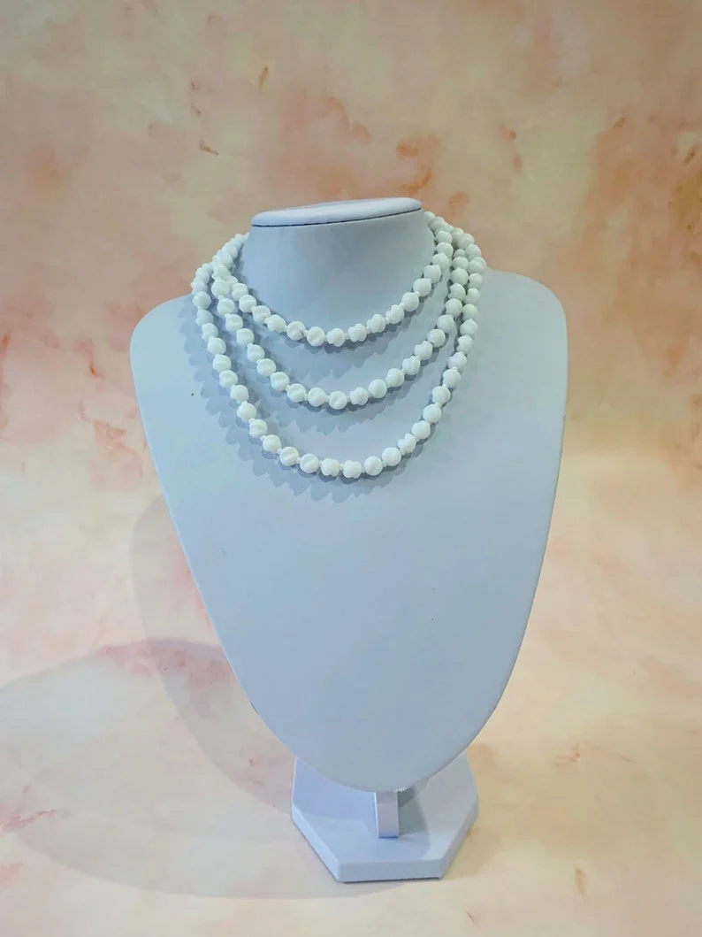 1950s Does 20s Extra Long Single Strand White Milk Glass Bead Necklace
