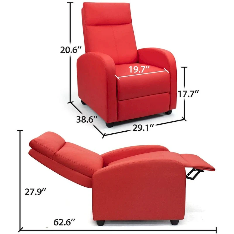 PU Leather Push-Back Recliner Chair, Brown / Black / Grey / Khaki / Red / Beige, Single