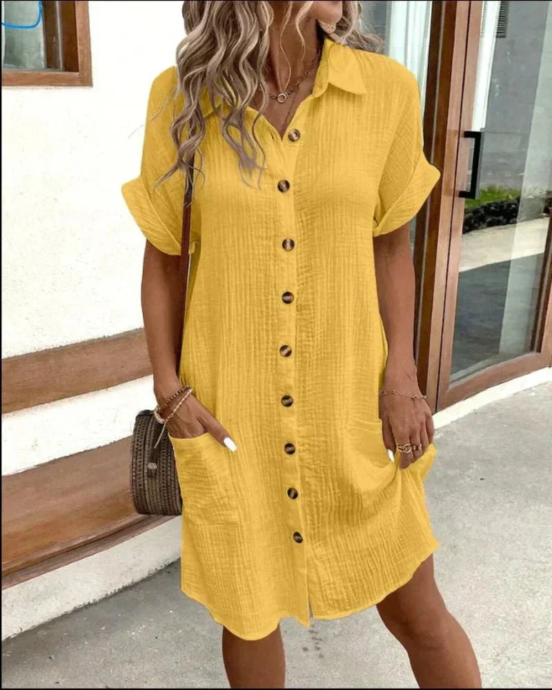 Women��s Relaxed-Fit Shirt Dress Breathable Cotton-Linen with Pockets