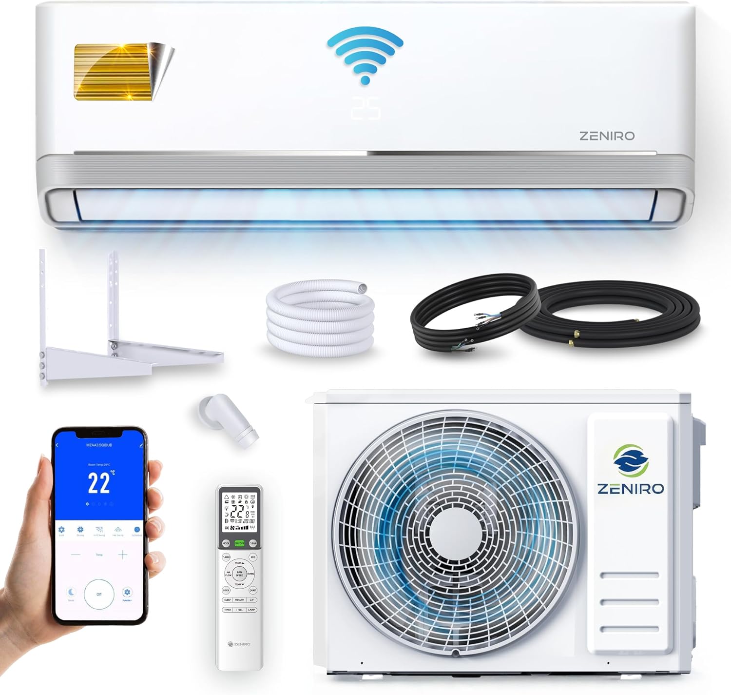 Split Klimaanlage Klimagerät Set Air Conditioner mit Heizfunktion 24000 BTU 7,2kW A++ WiFi/App-Steuerung 4D AirFlow Auto Reinigung inkl. Montagematerial Vorgefüllt R32