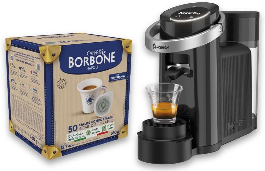 CAFFÈ BORBONE Bluemoon Espresso and Infusion Machine – Compatible with E.S.E 44 mm Pods + 50 Compostable Pods Blue Blend – Body 8.5 – Christmas Gift Idea – Christmas Gift Idea