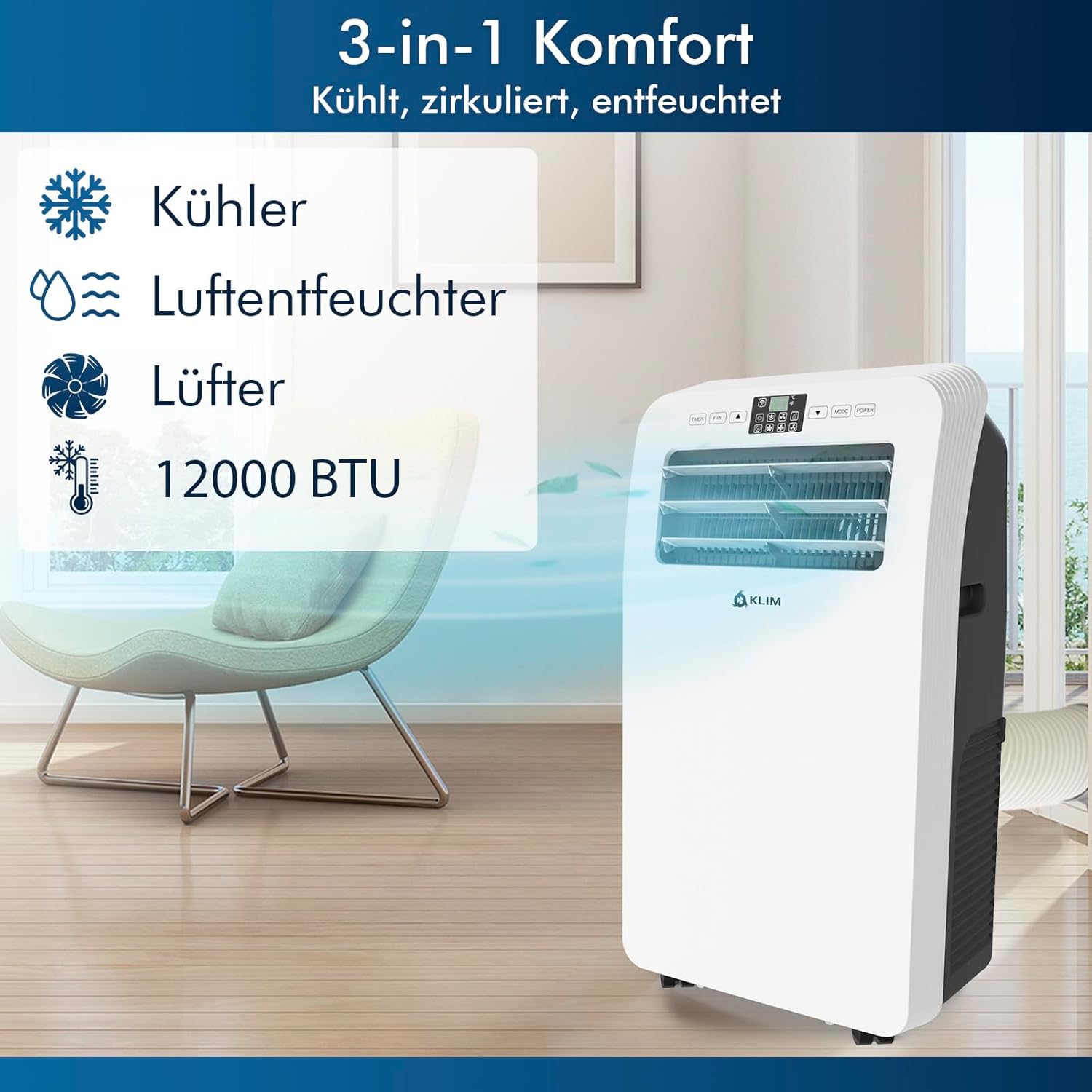 KLIM AC12000 | Leistungsstarke und Leise Mobile Klimaanlage mit 12.000 BTU + NEU 2024 + mit Integrierter Entfeuchtungsfunktion, Ventilator und Kühlmodus + Fernbedienung + 5 JAHRE SCHUTZ
