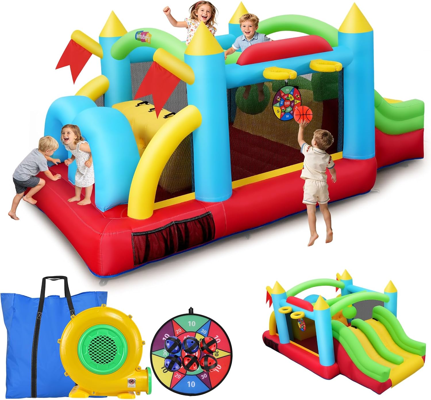 Grande castello gonfiabile per bambini, 2 in 1, set di trampolino gonfiabile ad ostacoli da giardino, set completo con ventilatore (collegabile B)