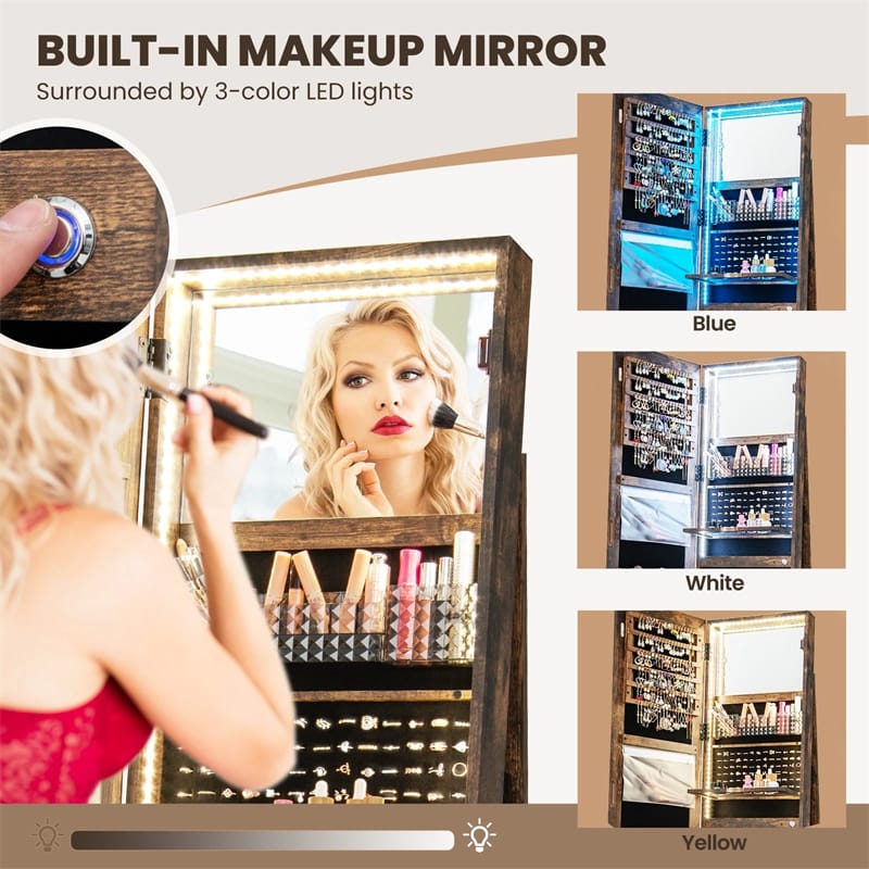 Eletriclife 360�� Swivel Jewelry Cabinet Armoire with Full Length Mirror & 3-Color LED Lights