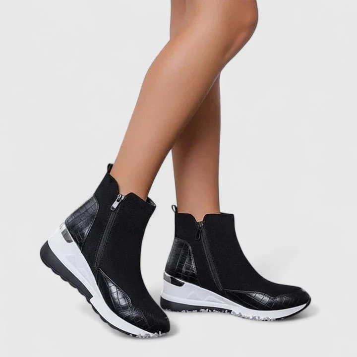Women��s Black Wedge Ankle Boots Croc-Panel Zip-Up Design