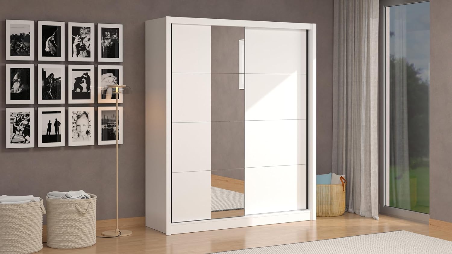 Arredo Stock Armadio moderno in MDF bianco 2 ante scorrevoli con specchio 180X59,8X215,5 cm