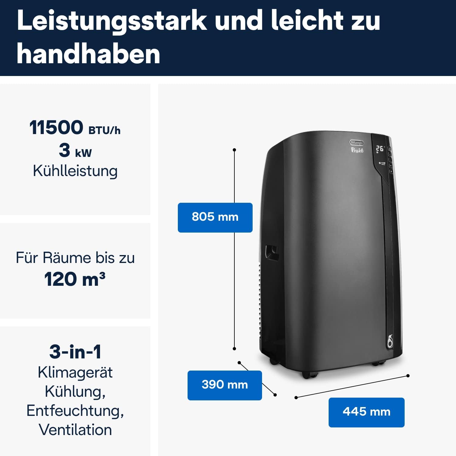 De'Longhi Pinguino PAC EL112 CST WiFi, Mobile Klimaanlage mit MyEcoRealFeel-Technologie für Räume bis zu 110 m³,11.000 BTU/h, 2,9 kW, 63 dB, Entfeuchtungsfunktion, A+, App- und Sprachsteuerung, Weiß