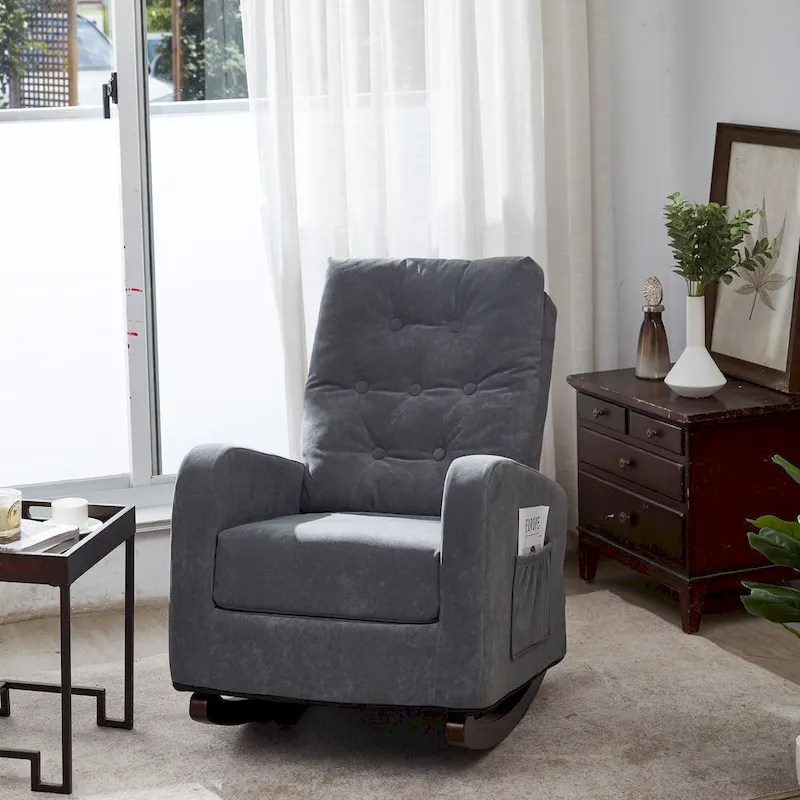 Modern 28.74 High Back Upholstered Buttons Tufted Rocking Chair with Solid Wood Legs and Side Pocket
