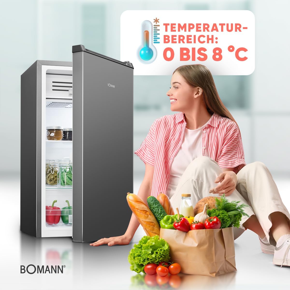 Bomann® Kühlschrank mit Frostfach | 83 Liter | energieeffizient, leise & kompakt | 0°C - 8°C, stufenlos regelbar | 2 Ablagen & Gemüsefach | LED Beleuchtung | Türanschlag wechselbar | KS 7257 inox
