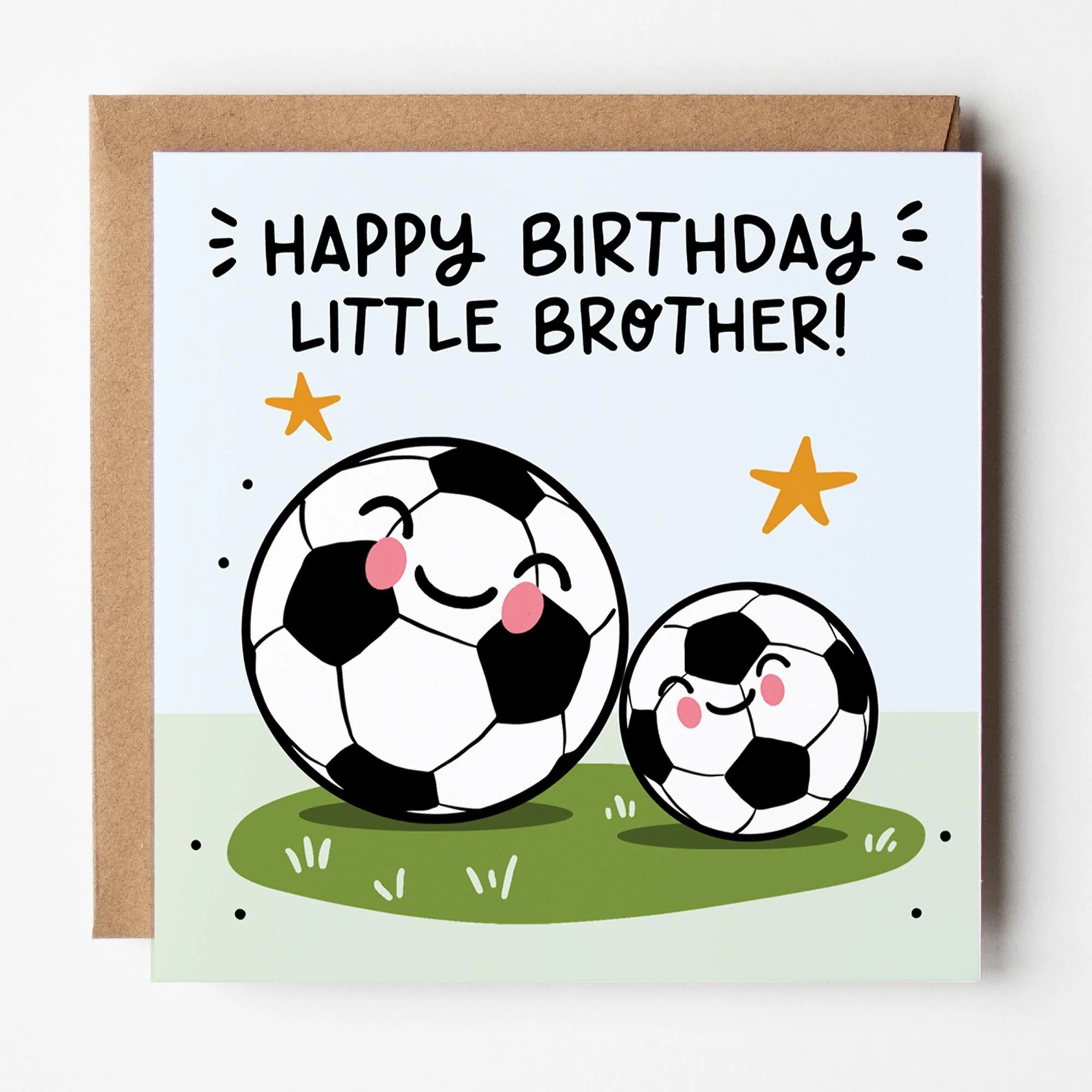 Little Brother Birthday Card: Footballs, with Kraft envelope