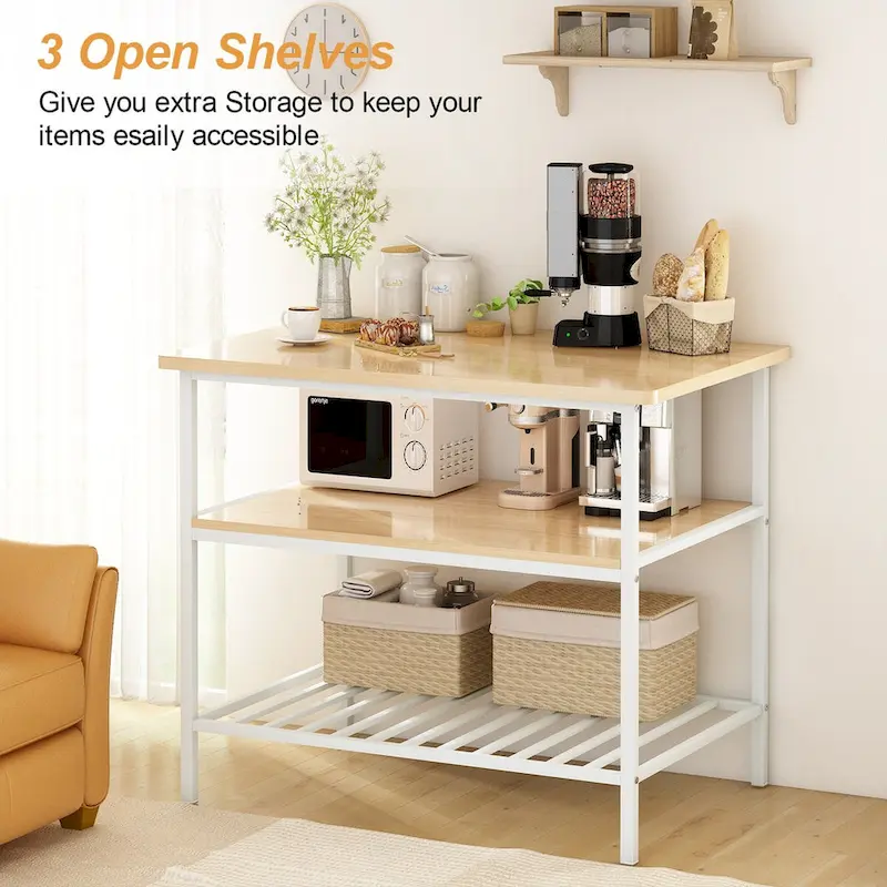 Kitchen Island with 2 Stools and Open Shelves