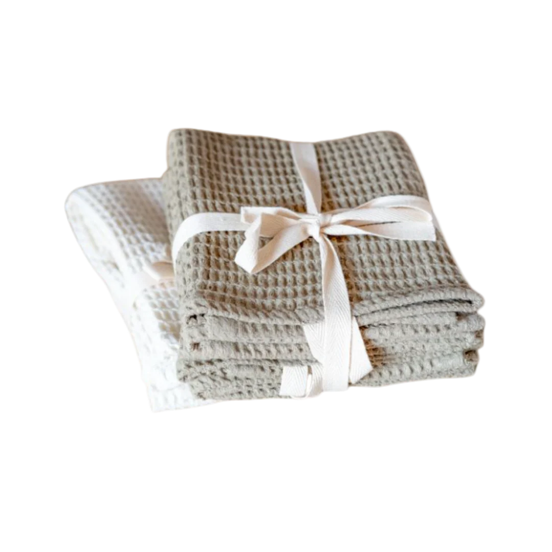 Waffle Hand Towel Olive & White Set