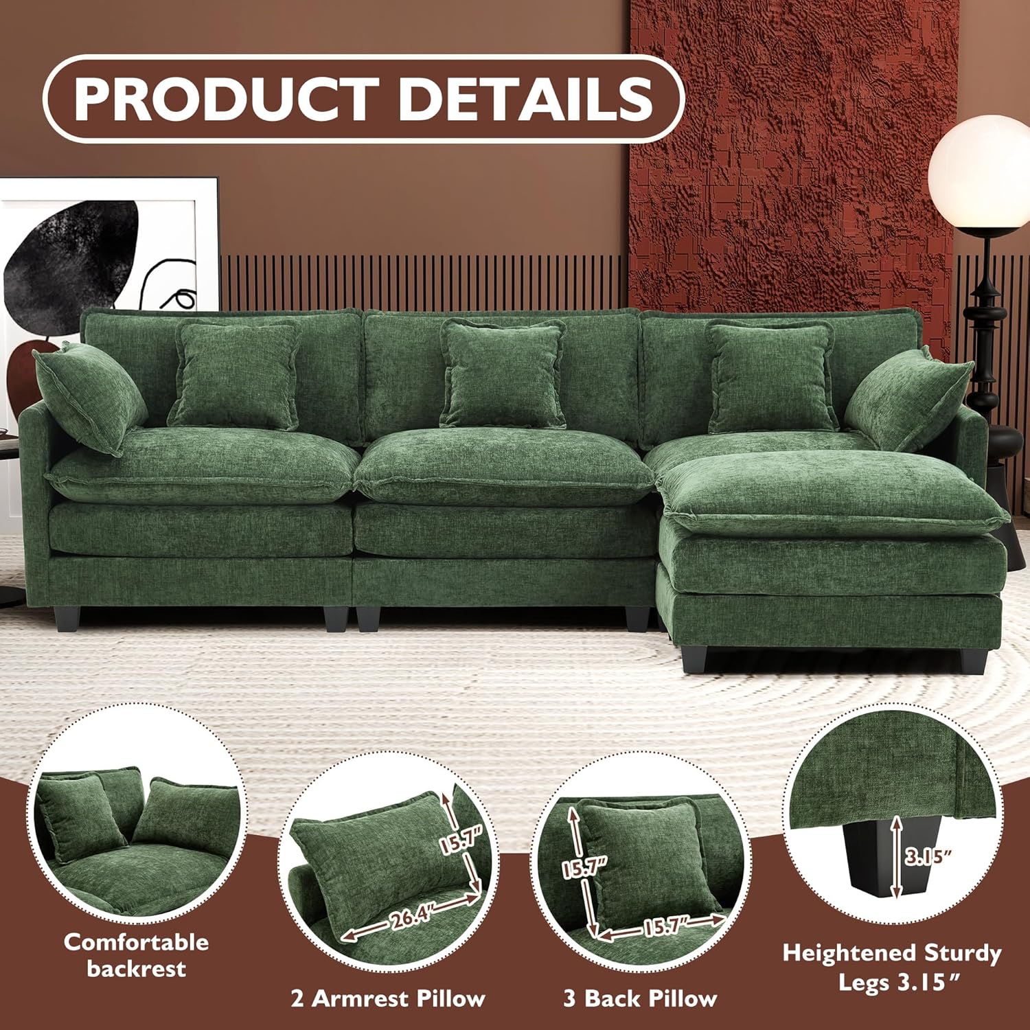 111.4 Inch L-Shaped Modern Sofa Modular Cloud Sofa Ottoman 4-Seater Chenille Deep Seat Sofa