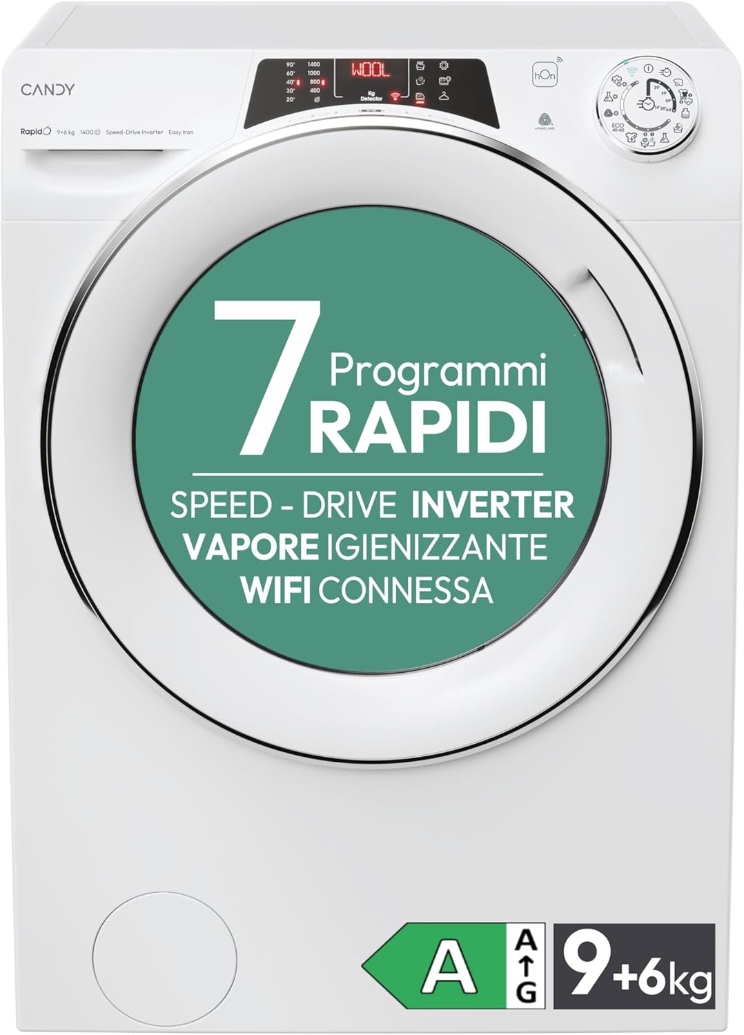 Candy RapidÓ Lavasciuga 9+6 Kg, Libera Installazione, Classe A, 1400 Giri, Connessione Wi-Fi + BLE, Controllo da App hOn, Partenza Ritardata, Opzione Vapore, 60 x 58 x 85 cm, Bianca - ROW4964DWMCT/1-S