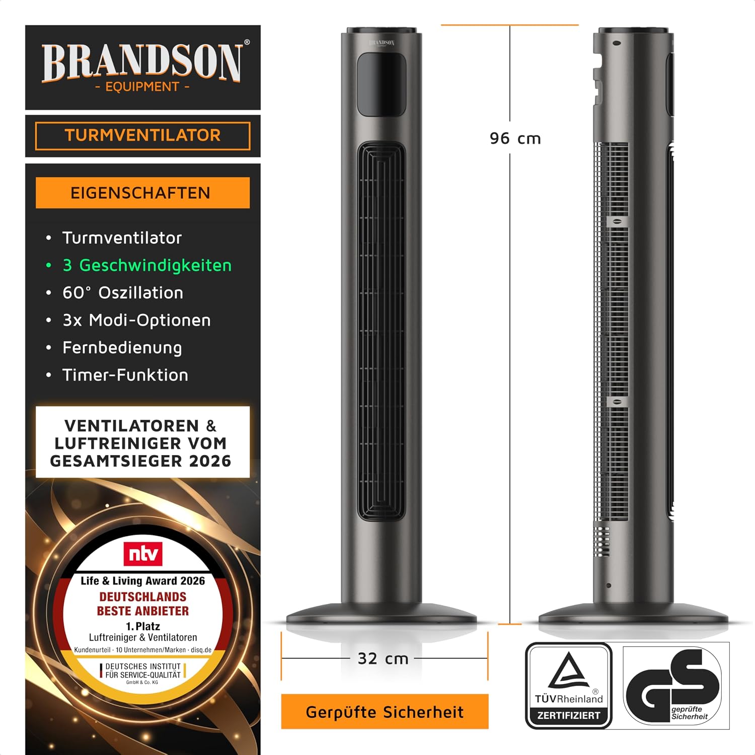 Brandson - Turmventilator mit Fernbedienung - Preisträger 2026 - Oszilation 60° - Standventilator - mobiler Lüfter - Säulenventilator - 96 cm - Ventilator 3 Geschwindigkeitsstufen - GS - Graphite