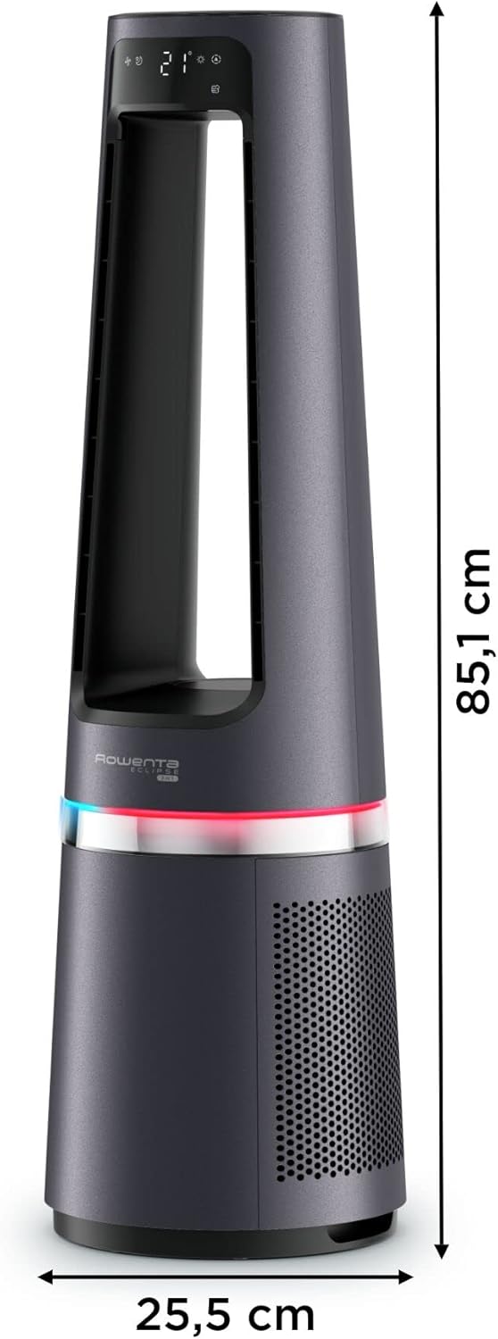 Rowenta Eclipse 3 en 1, Ventilador, purificador y calefactor de 2100 W, filtra hasta el 99,95 % partículas, silencioso, oscilación, luz decorativa, encendido programable, plata, QU5062