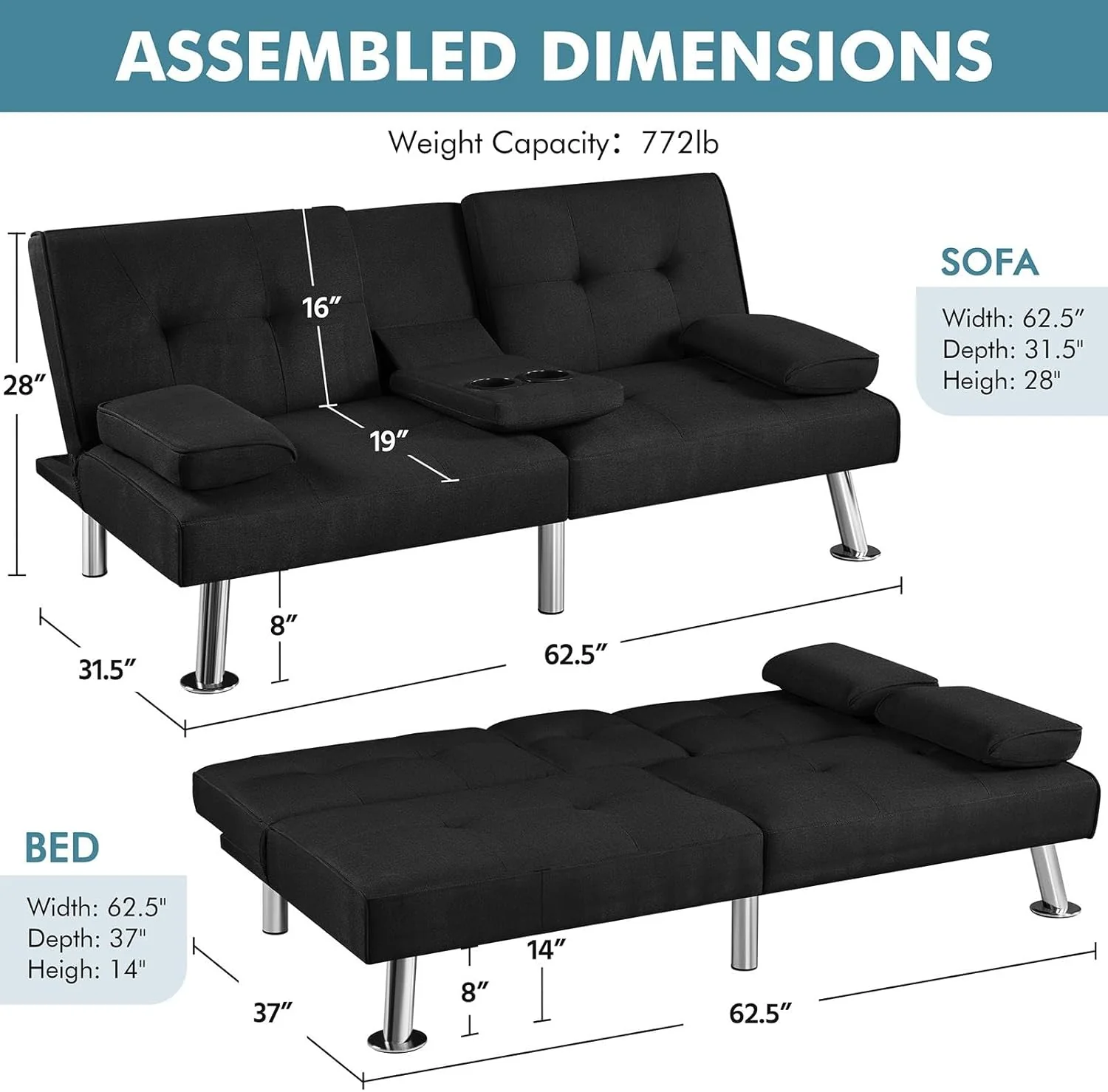 Yaheetech Convertible Sofa Bed Adjustable Couch Sleeper Modern Faux Leather Home Recliner Reversible Loveseat Folding Daybed Guest Bed, Removable Armrests, Cup Holders, 3 Angles, 772lb Capacity, Brown