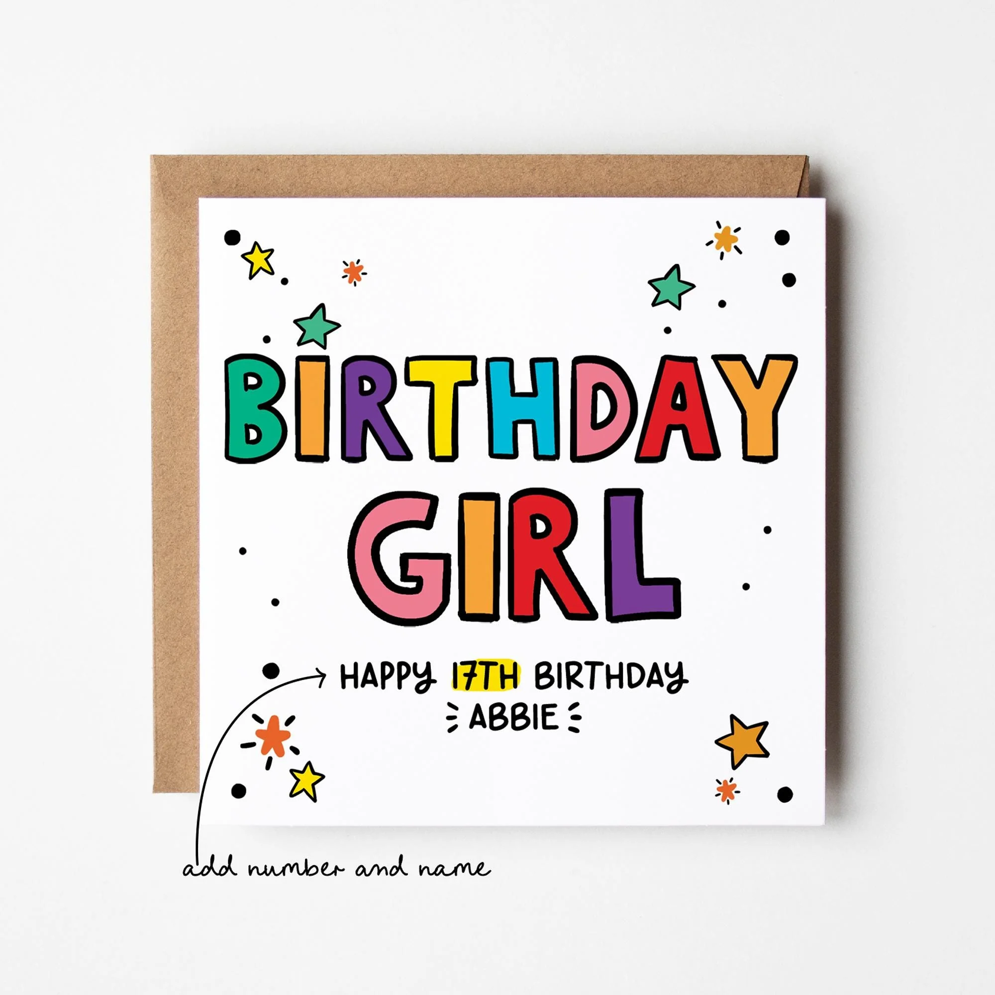 Personalised Birthday Girl Card: Add Age and Name, Kraft Envelope
