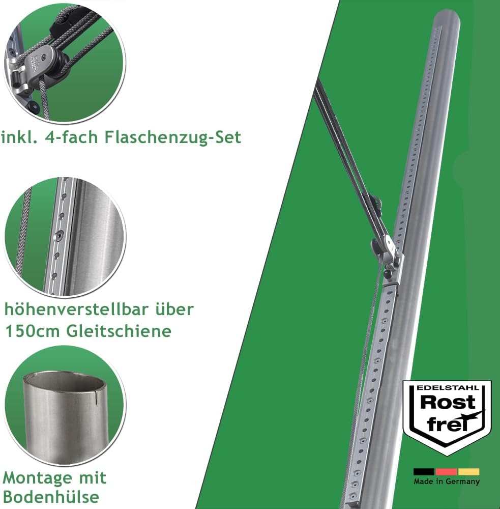 Sonnensegel Pfosten höhenverstellbar 3m, aus V2A Edelstahl inkl. Zubehör - 4-Fach Flaschenzug-Set & 0,75m Bodenhülse | Befestigung für sehr große Segel (70/3mm)