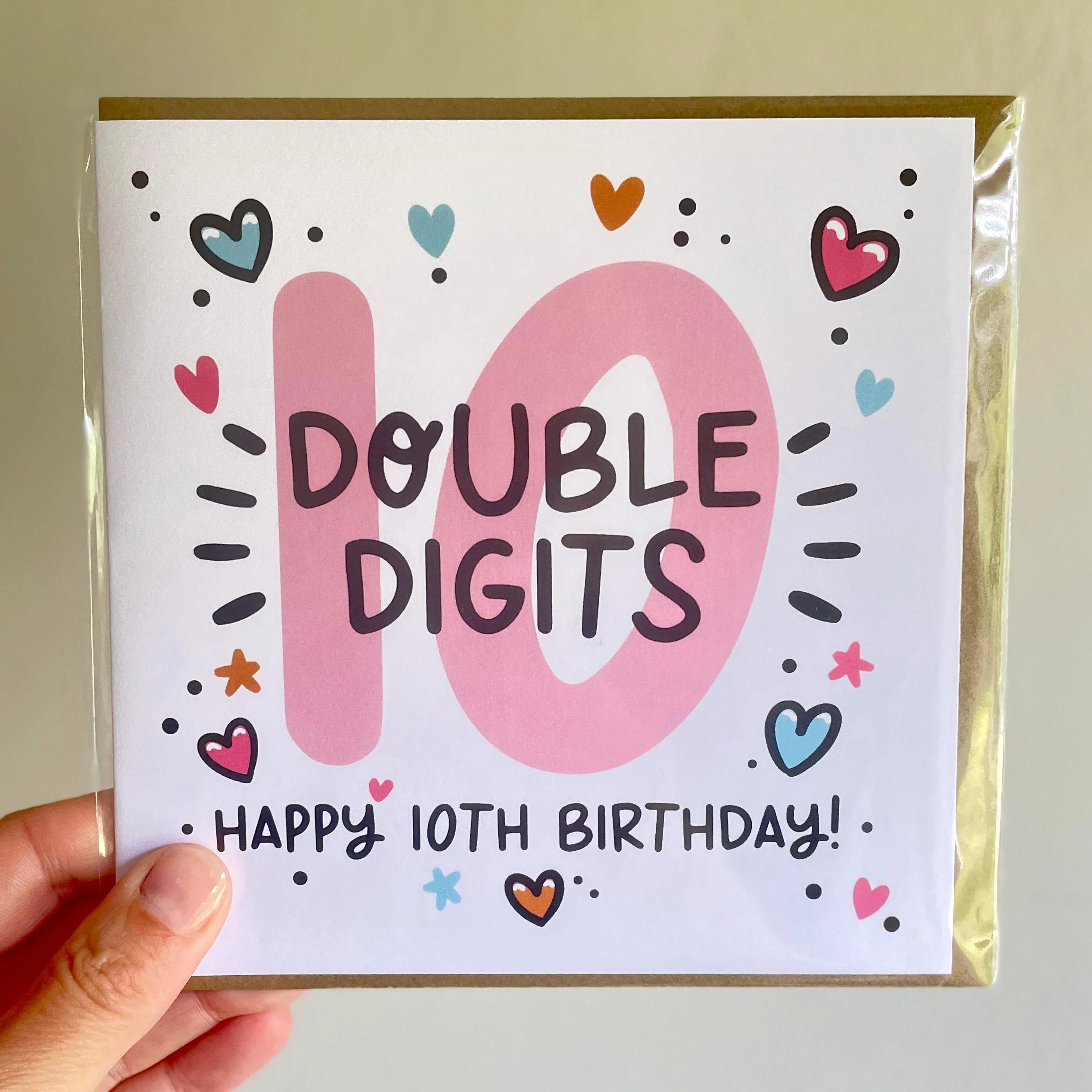 10th Birthday Card for Girls: Pink 10, Double Digits with Hearts and Kraft Envelope