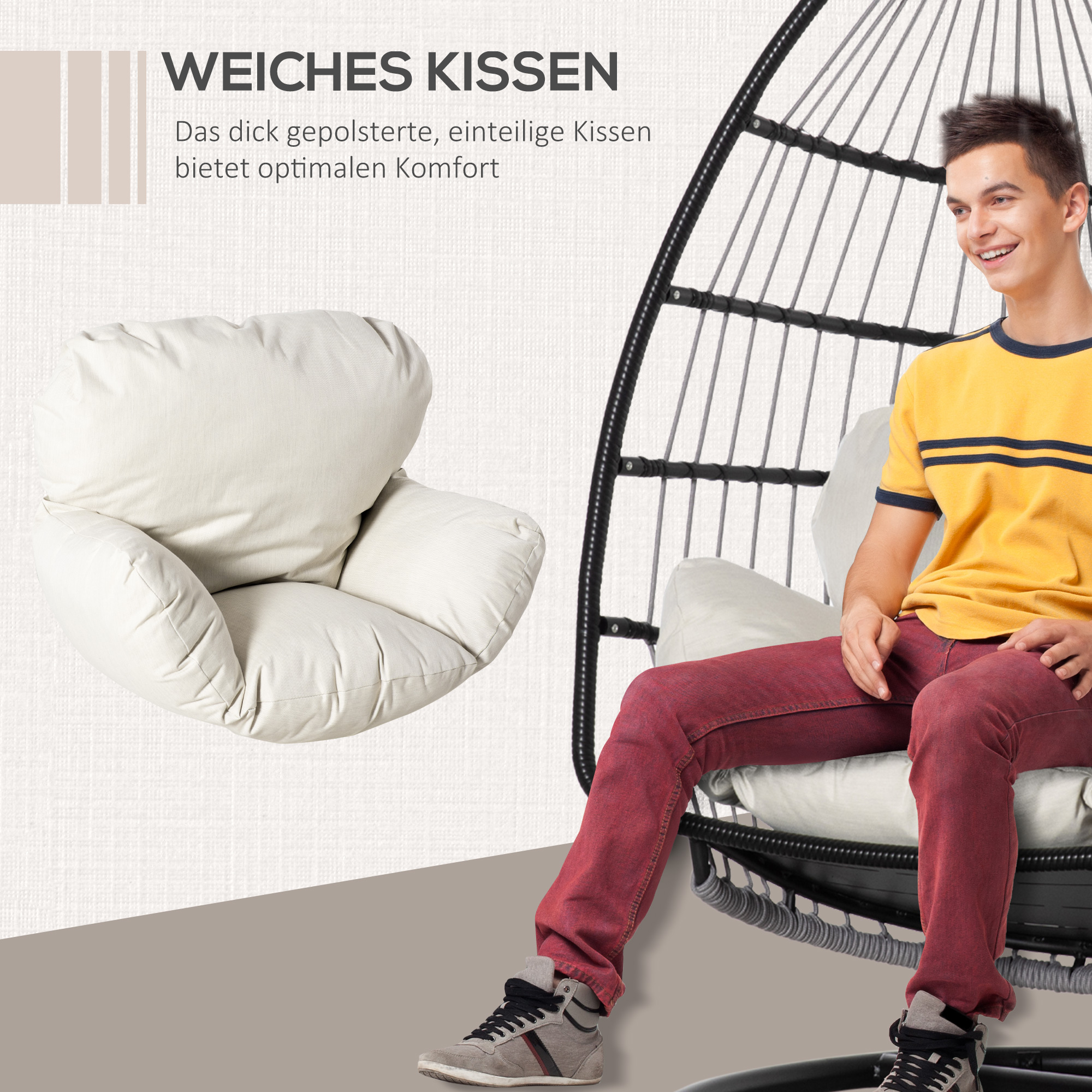 Outsunny hangstoel hangmand met frame hangende schommel hangstoel met kussenmand opvouwbaar metaal zwart + crème wit 101 x 101 x 188 cm