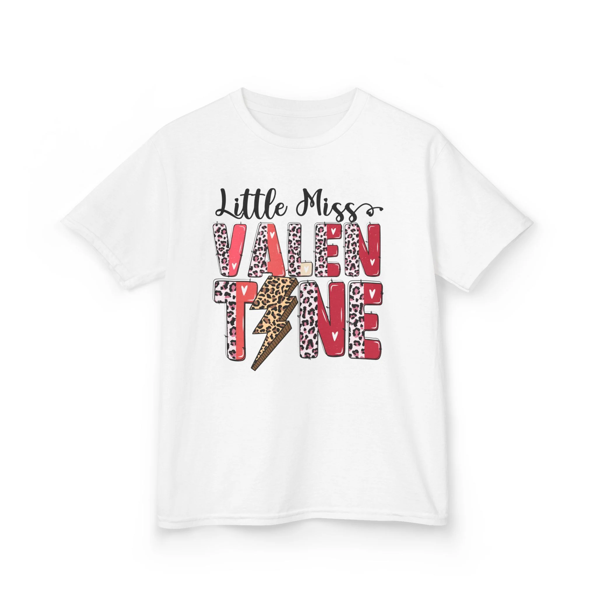 Little Miss Valentine Kids Tee | Leopard Heart Lightning Design