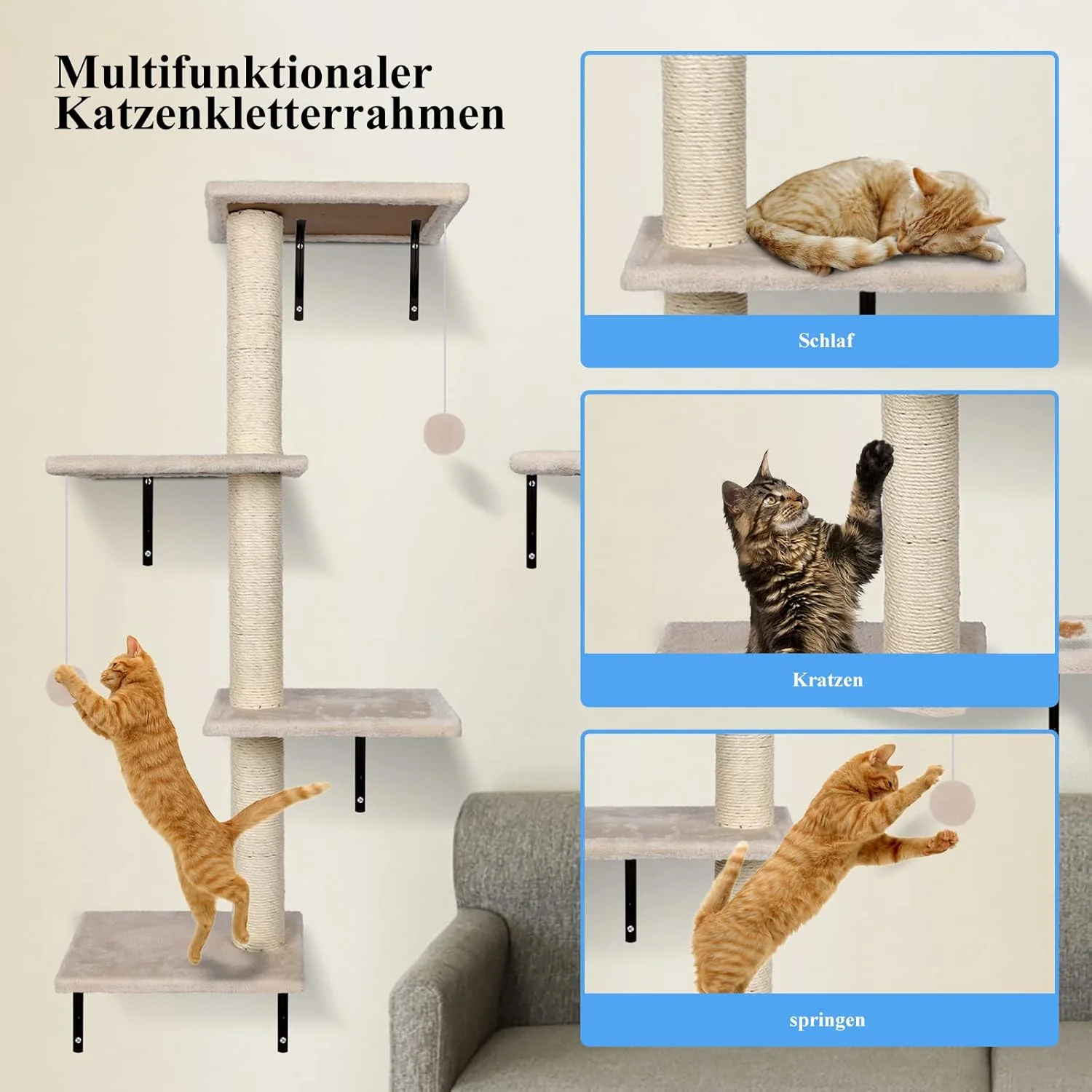 Zvonema Parete da arrampicata 10 pezzi-Amaca per gatti,Ponte sospeso con sisal antiscivolo,Tiragraffi con sisal,Riposo e mensola da parete da gioco con pallina,Parete da arrampicata per gatti fino a 10 kg