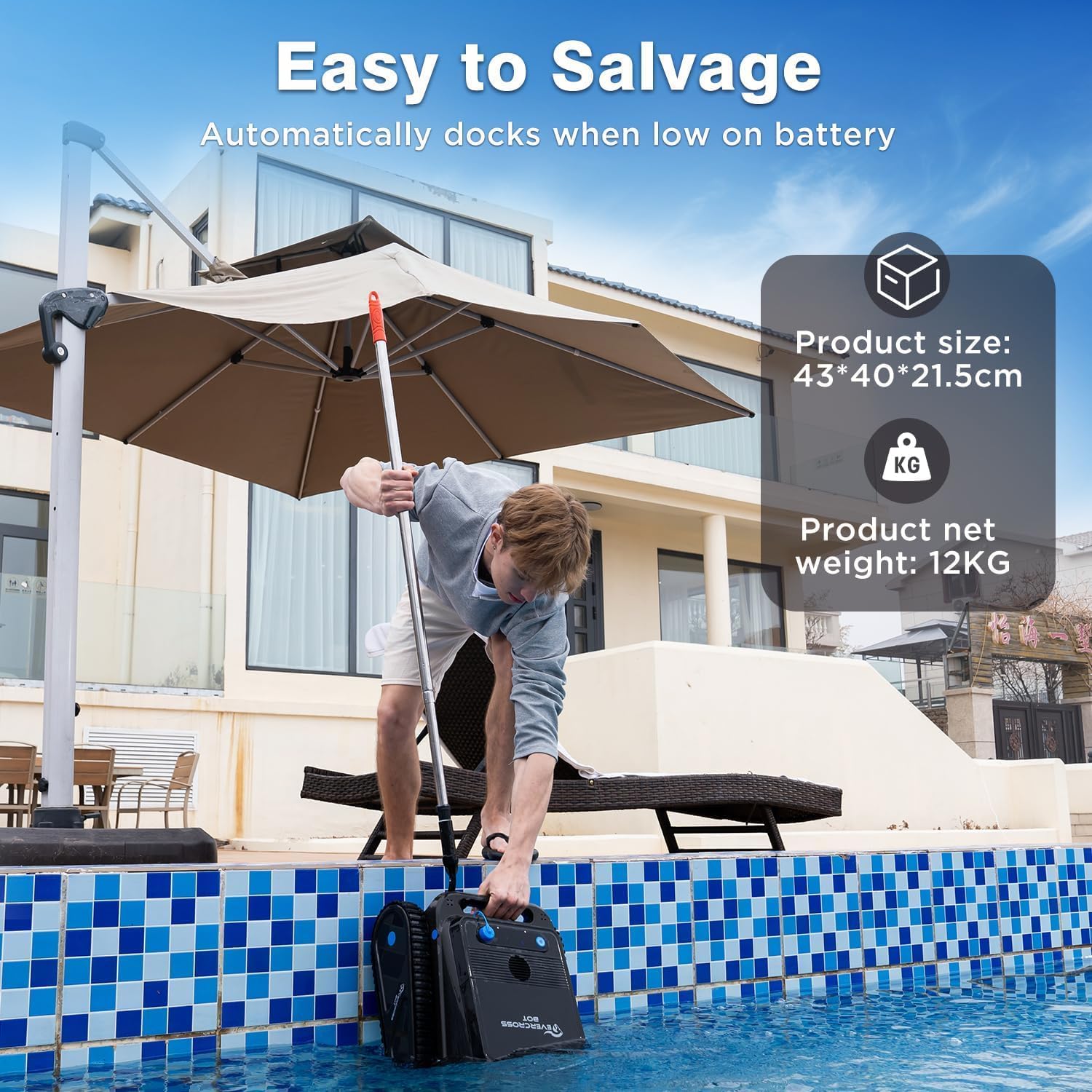 EVERCROSS BOT U8 Robot Piscine Fond et Parois, Robot Piscine sans Fil avec Nettoyage de la Ligne d'eau, 120 Min Autonomie, Navigation Intelligente, Stationnement Automatique, Piscines 200㎡