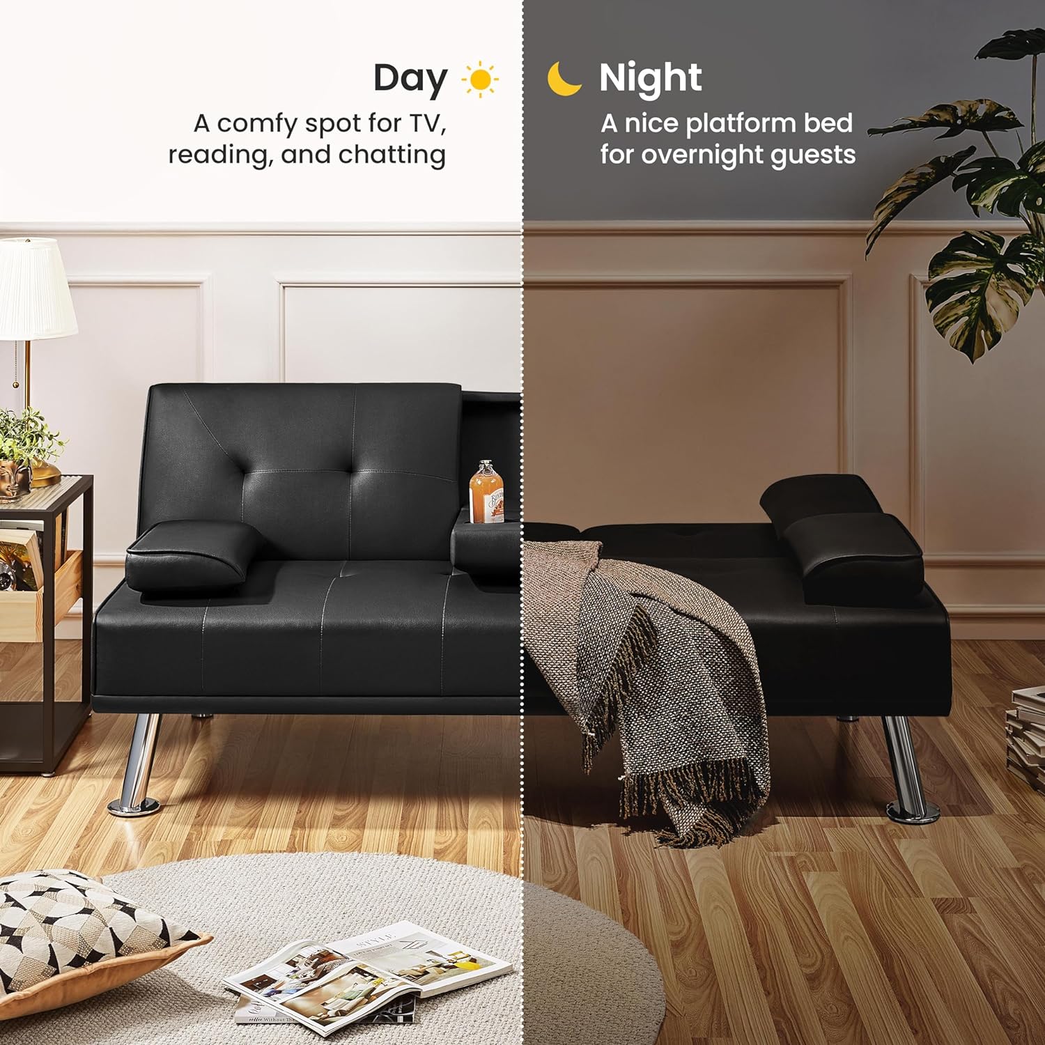 Yaheetech Convertible Sofa Bed Adjustable Couch Sleeper Modern Faux Leather Home Recliner Reversible Loveseat Folding Daybed Guest Bed, Removable Armrests, Cup Holders, 3 Angles, 772lb Capacity, Black