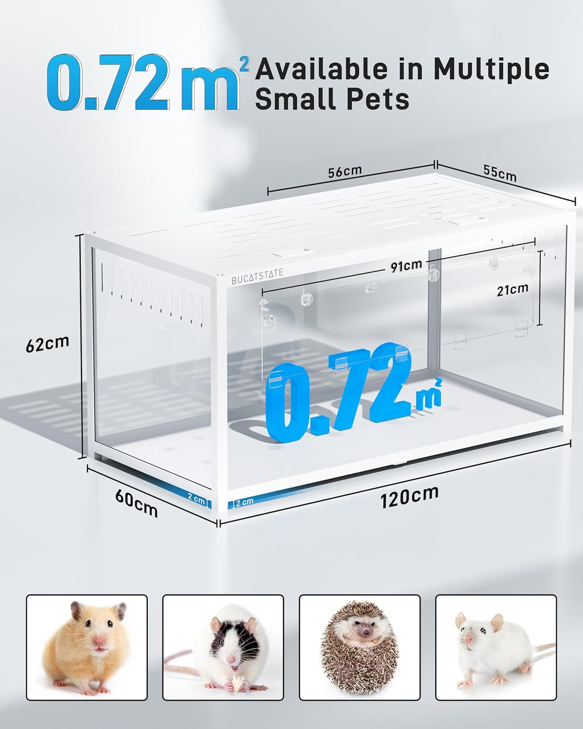 BUCATSTATE Hamsterkäfig 3,0: Metall Rattenkäfig Kleintierkäfig Groß Stapelbar mit Einfacher Montage 120L x 60W x 62H cm für Nager, Mäuse, Zwerghamster (0,72m², Weiß)