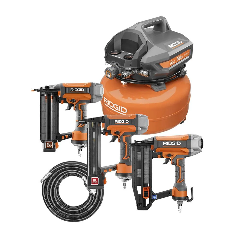 Compresor de aer electric portabil pentru clătite, 6 galoane, cu pistol de cuie Brad de calibru 18, pistol de cuie drept de calibru 16 și capsator de finisaj de calibru 18 R69603FK